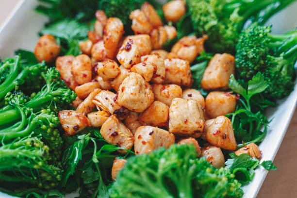 baked chicken with vegetables, broccoli